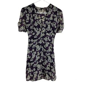 Topshop Dress Floral Purple Black Size 10 Short Sleeves Lined V Neck